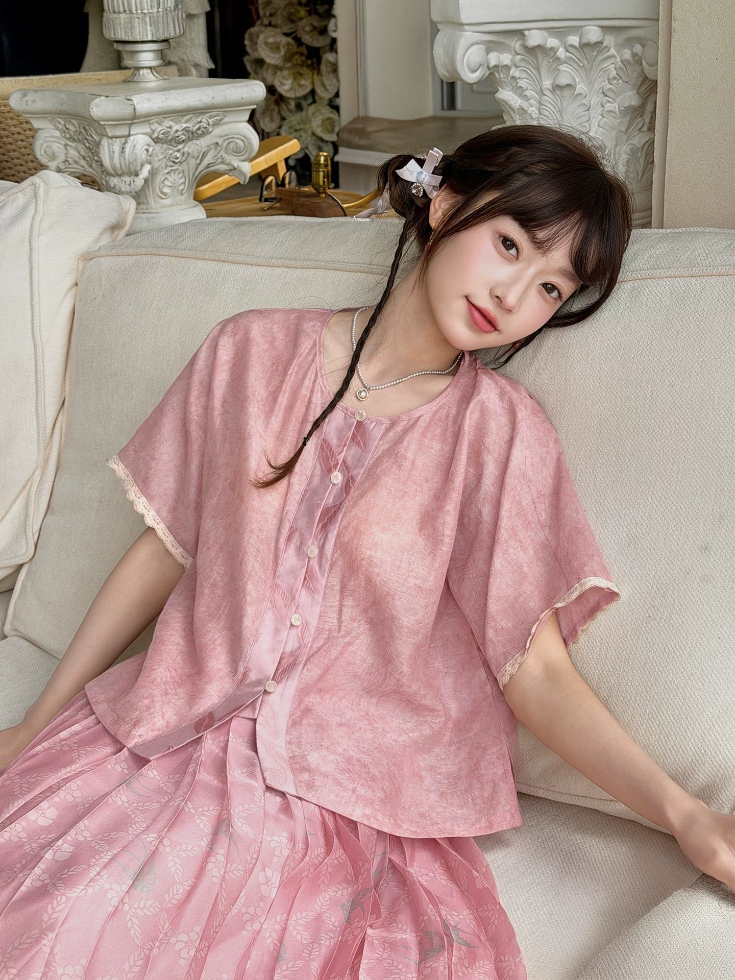 Spring Whisper - Modern Pink Hanfu 3-Piece Set - Image 2
