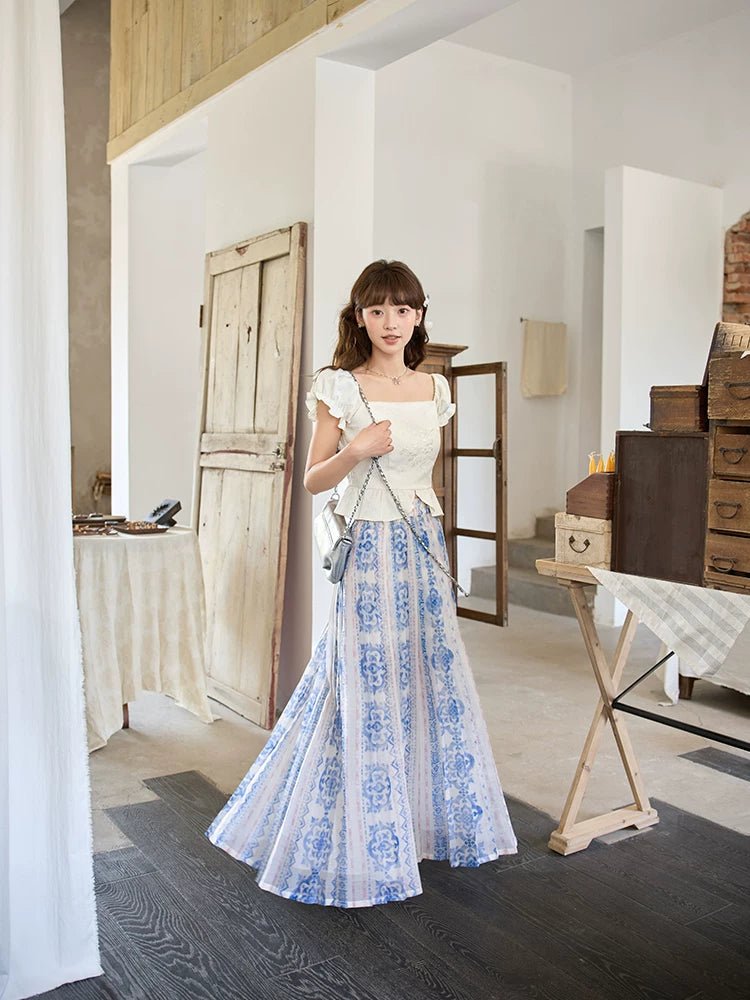 Bishanghua Denim Hanfu Set—Long Bijia Vest & Printed Chiffon Skirt - Image 4