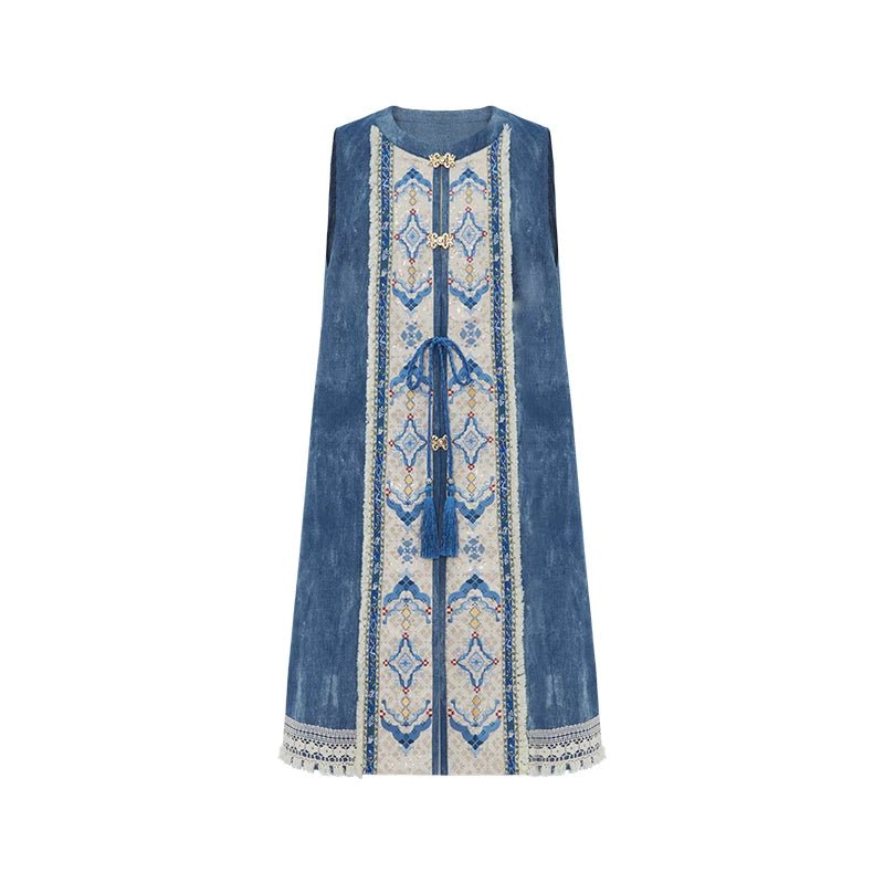 Bishanghua Denim Hanfu Set—Long Bijia Vest & Printed Chiffon Skirt - Image 5