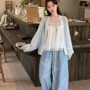 Qingzhi Tencel Hanfu Set with Embroidered Cardigan and Wide-Leg Pants