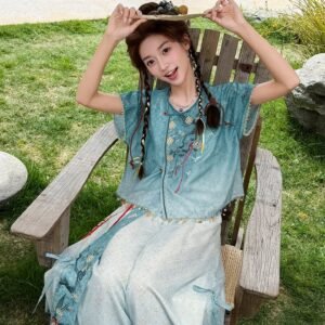 (Pre-Order)[Pine Lake] Modern Tang Style 2-Piece Blue Hanfu Set