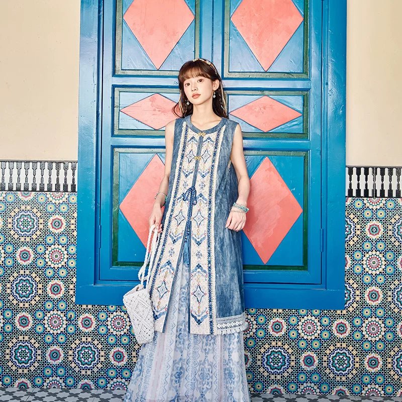 Bishanghua Denim Hanfu Set—Long Bijia Vest & Printed Chiffon Skirt - Image 7