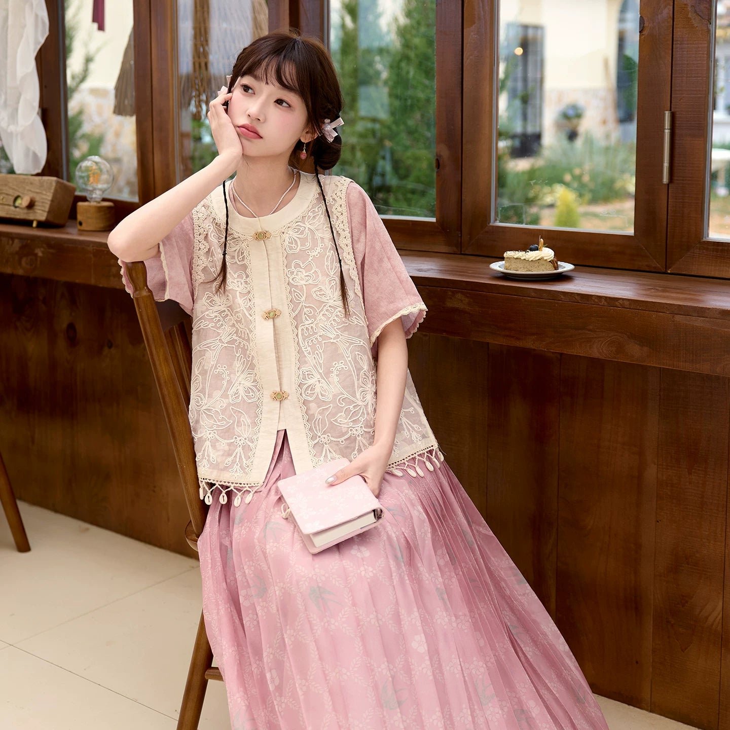 Spring Whisper - Modern Pink Hanfu 3-Piece Set - Image 6