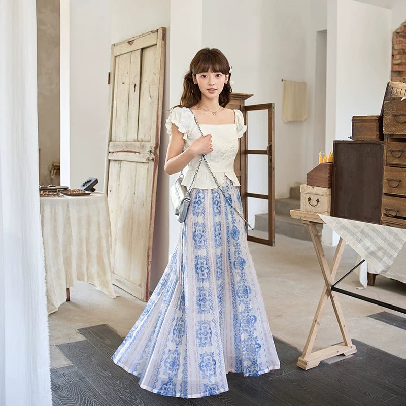 Bishanghua Denim Hanfu Set—Long Bijia Vest & Printed Chiffon Skirt - Image 8