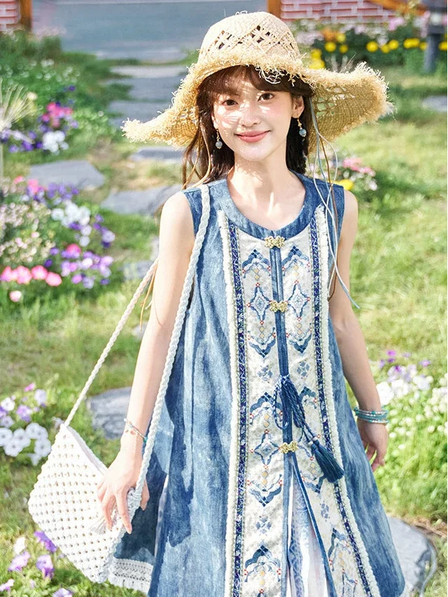 Bishanghua Denim Hanfu Set—Long Bijia Vest & Printed Chiffon Skirt