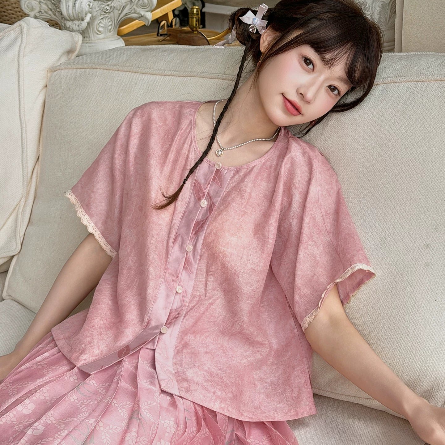 Spring Whisper - Modern Pink Hanfu 3-Piece Set - Image 7