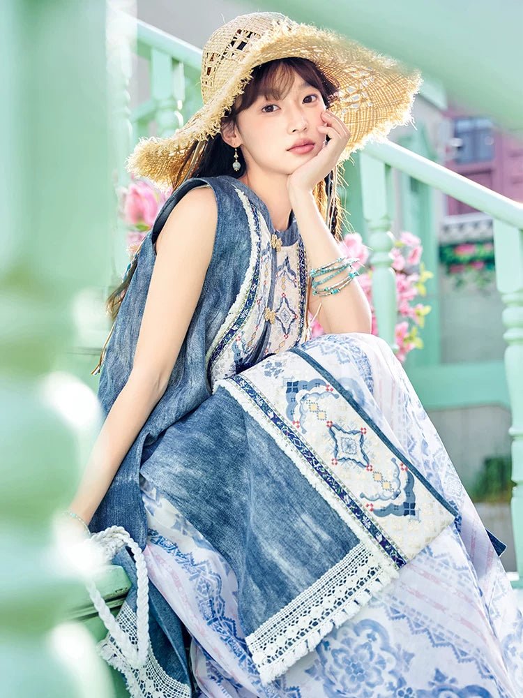 Bishanghua Denim Hanfu Set—Long Bijia Vest & Printed Chiffon Skirt - Image 2